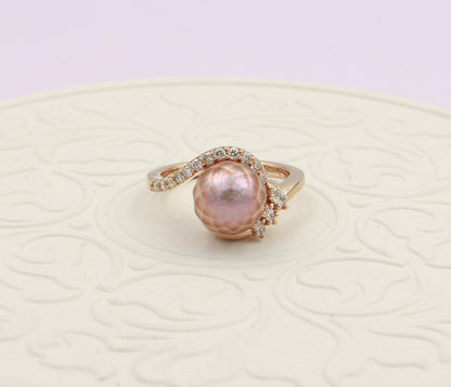 Swirl Pink Pearl Diamond Rose Gold Ring