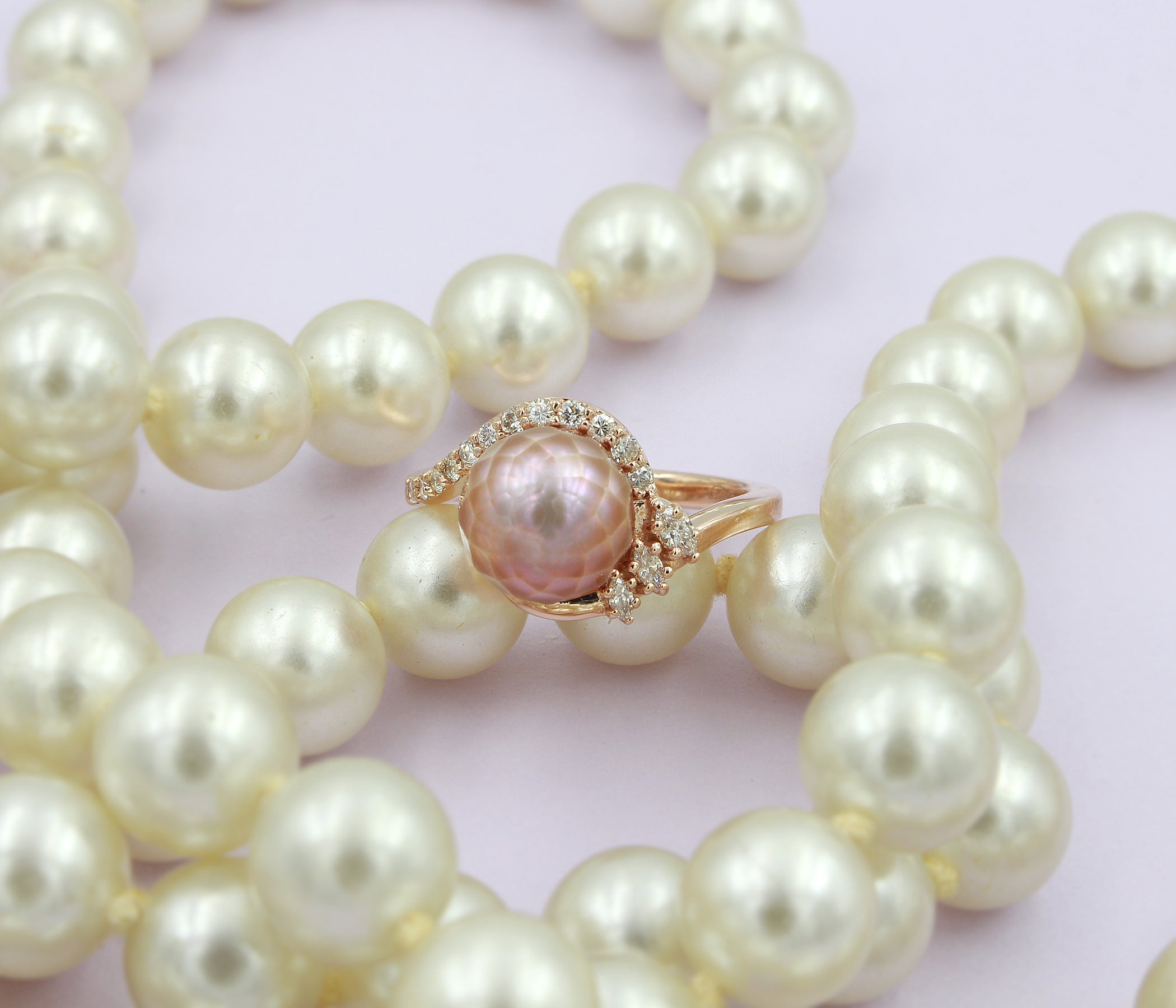 Swirl Pink Pearl Marquise Diamond Rose Gold Ring