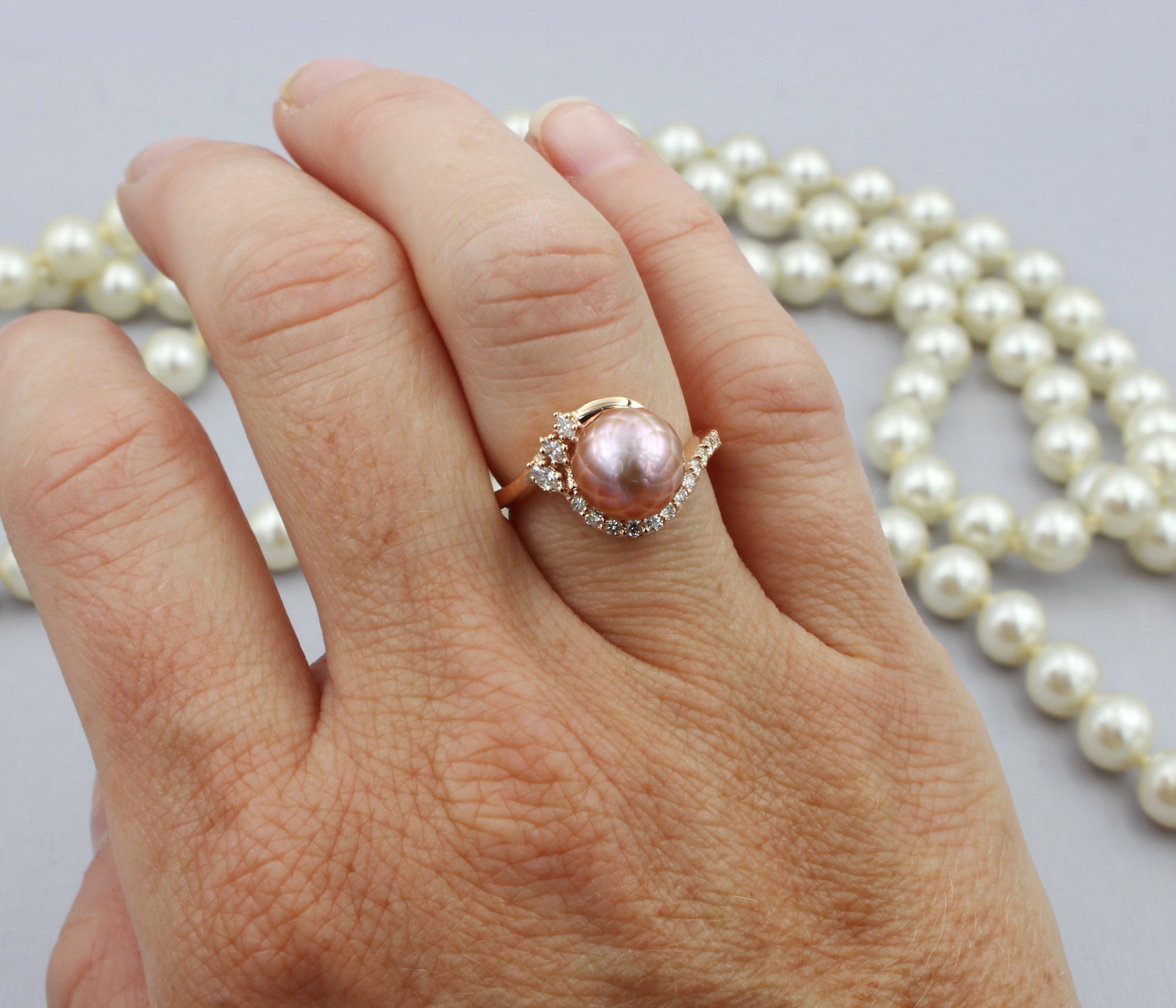 Swirl Pink Pearl Marquise Diamond Rose Gold Ring