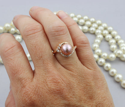 Swirl Pink Pearl Marquise Diamond Rose Gold Ring
