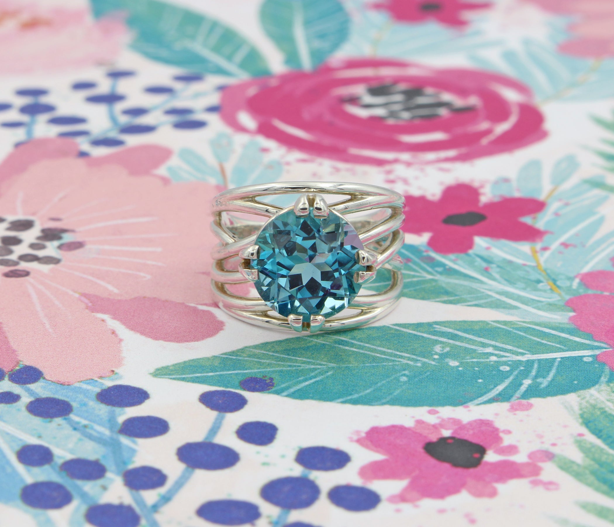 Large Teal Topaz Wide Weave Ring