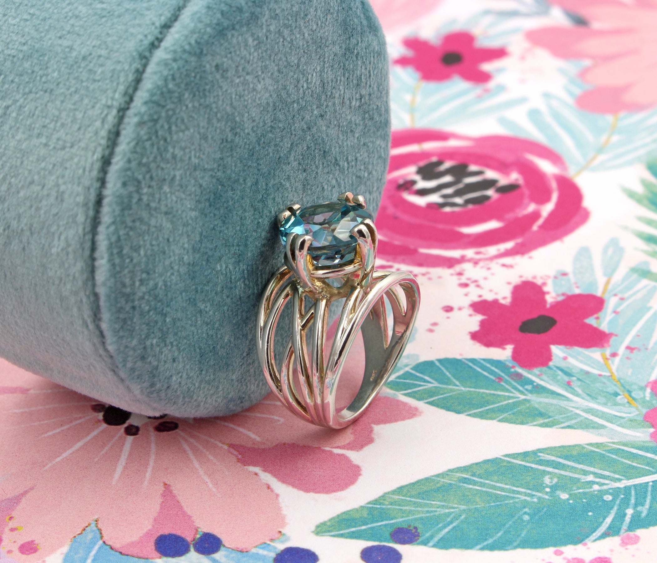 Large Teal Topaz Wide Weave Ring