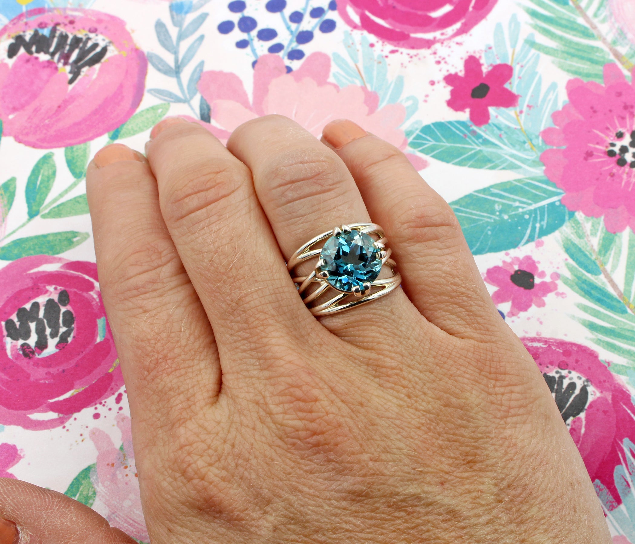 Large Teal Topaz Wide Weave Ring