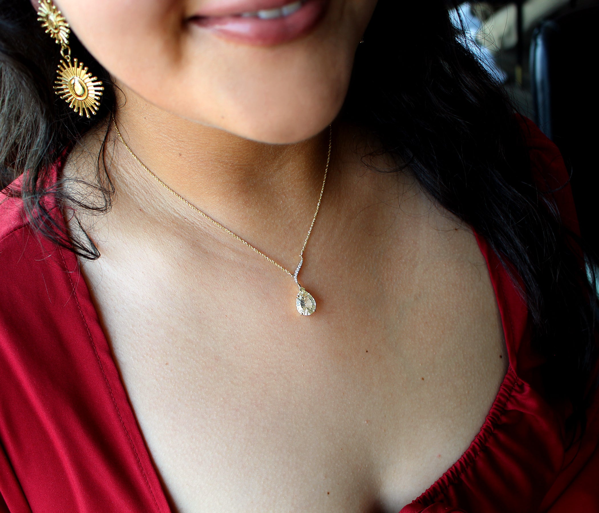 Offset Teardrop Sunstone Diamond Gold Necklace