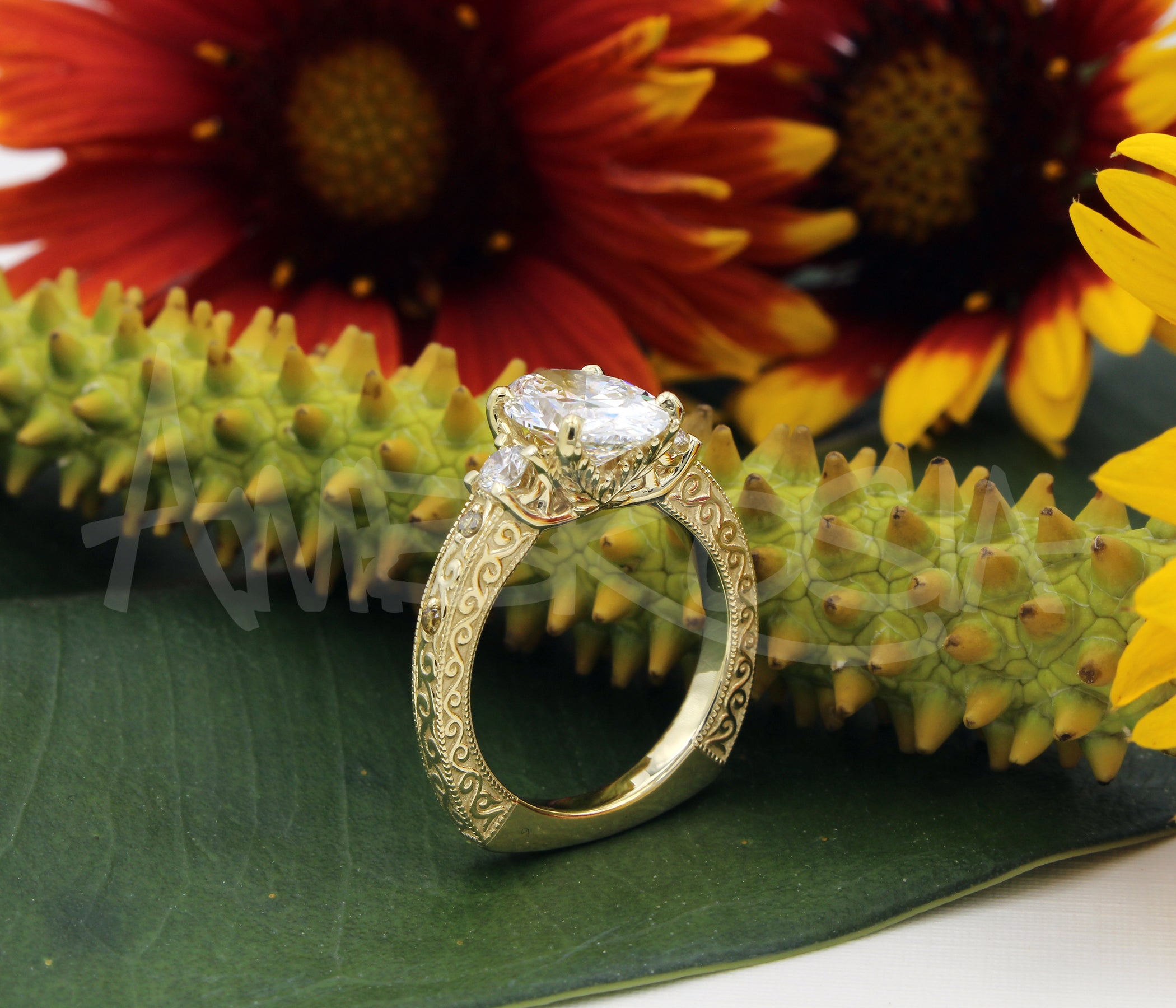 Three Stone Oval Vintage Engraved Engagement Ring