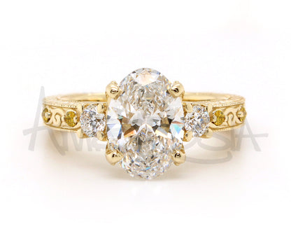 Three Stone Oval Vintage Engraved Engagement Ring