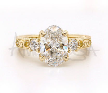 Three Stone Oval Vintage Engraved Engagement Ring