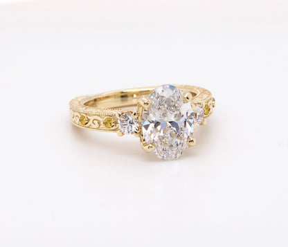 Three Stone Oval Vintage Engraved Engagement Ring