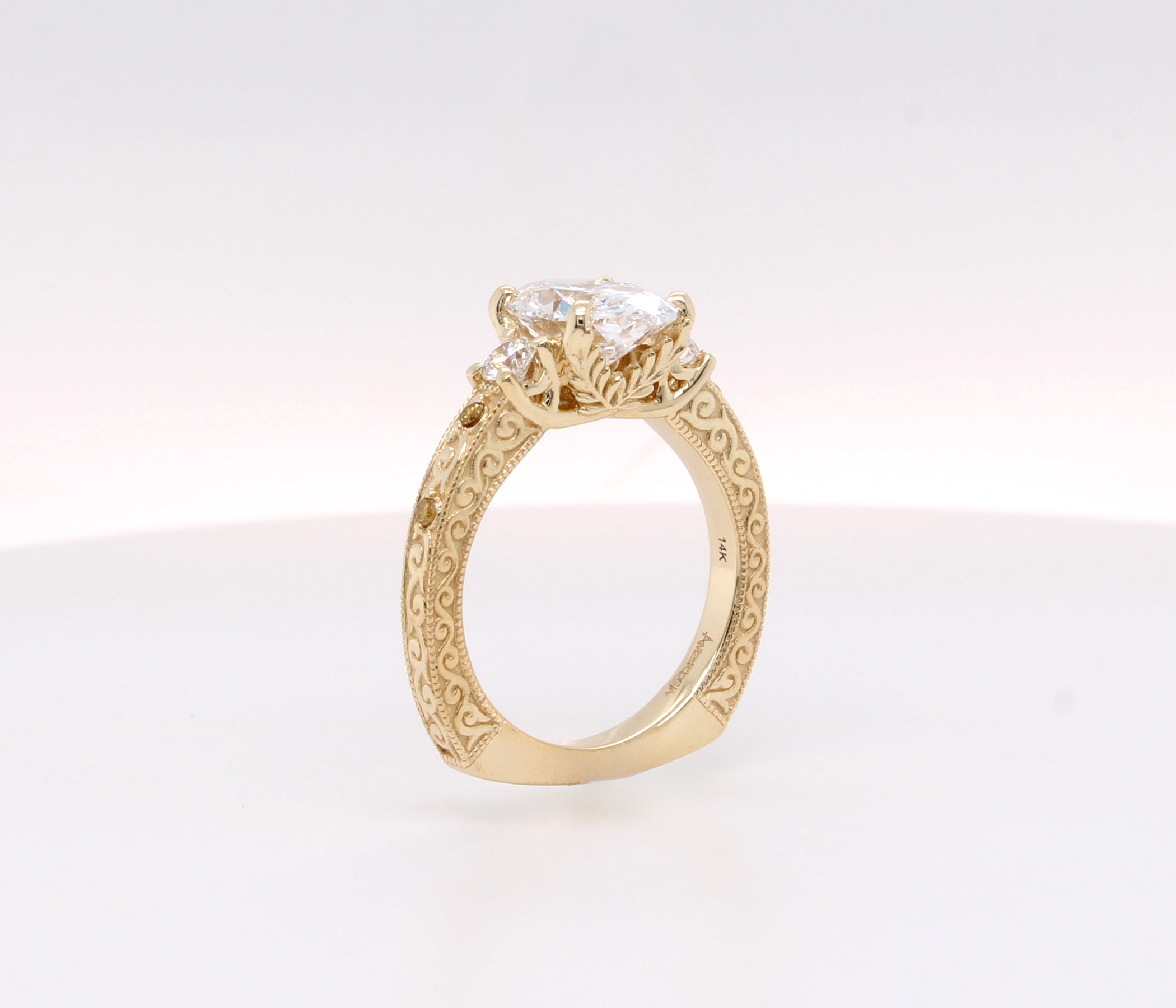 Three Stone Oval Vintage Engraved Engagement Ring