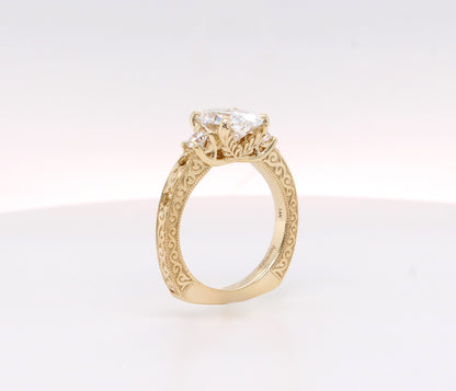 Three Stone Oval Vintage Engraved Engagement Ring