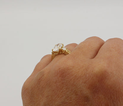 Three Stone Oval Vintage Engraved Engagement Ring