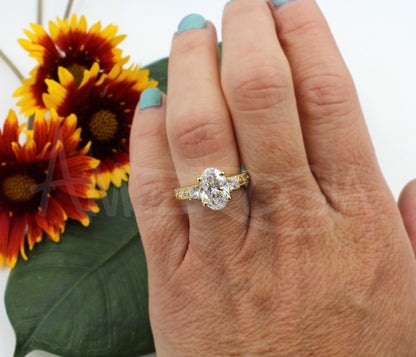 Three Stone Oval Vintage Engraved Engagement Ring