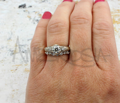 Vintage Floral Filigree Engraved Wedding Ring Set