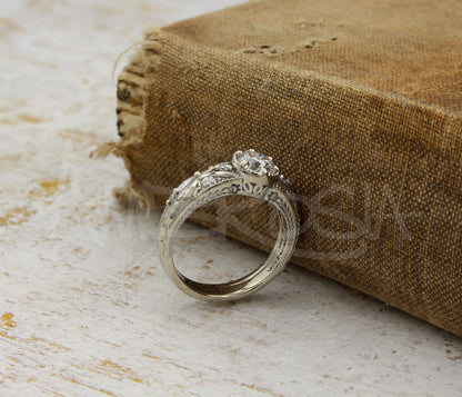 Vintage Floral Filigree Engraved Wedding Ring Set