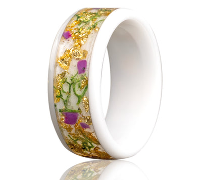 White Ceramic Inlay Floral Mossy Gold Ring