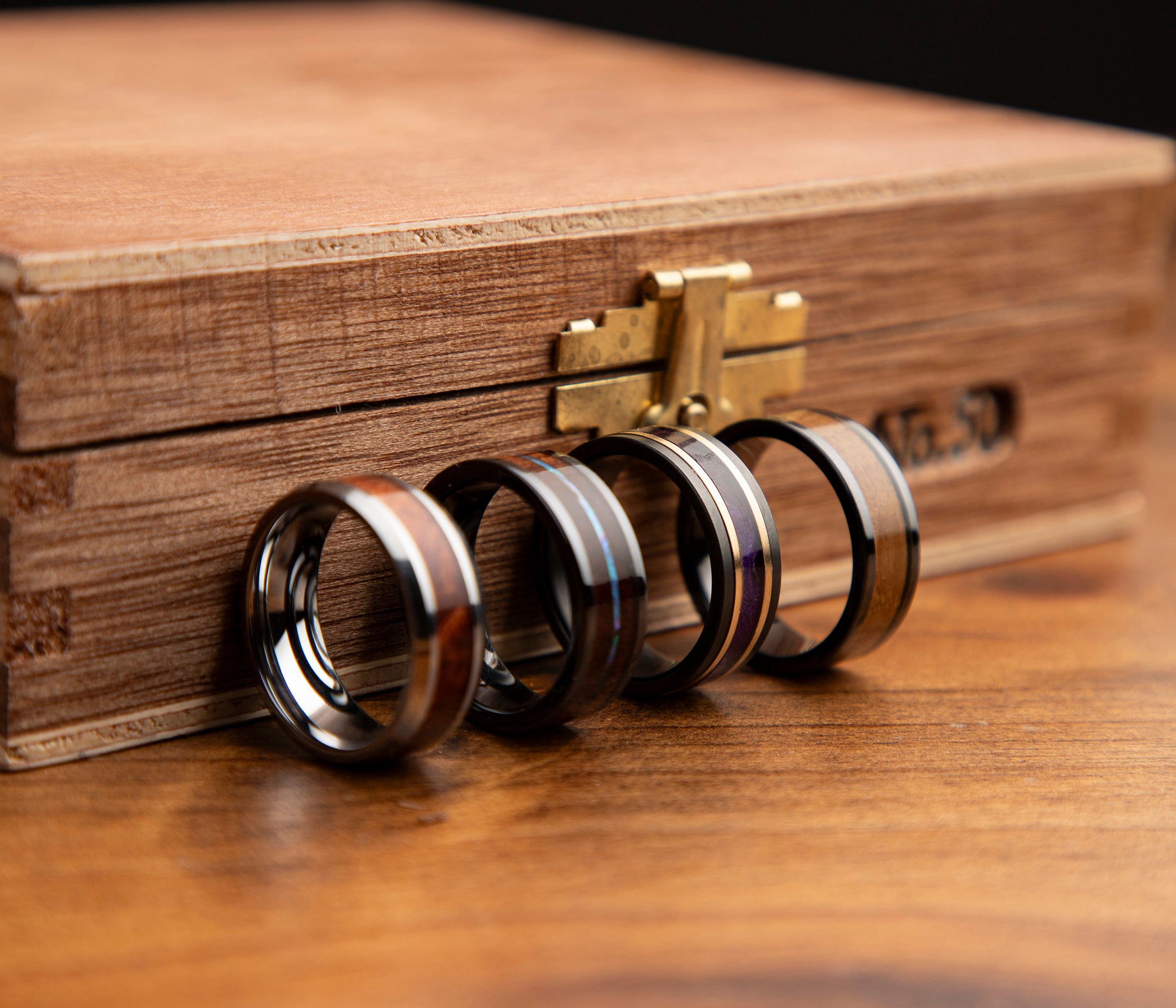 Black Ceramic Inlay Wood Beveled Edge Ring