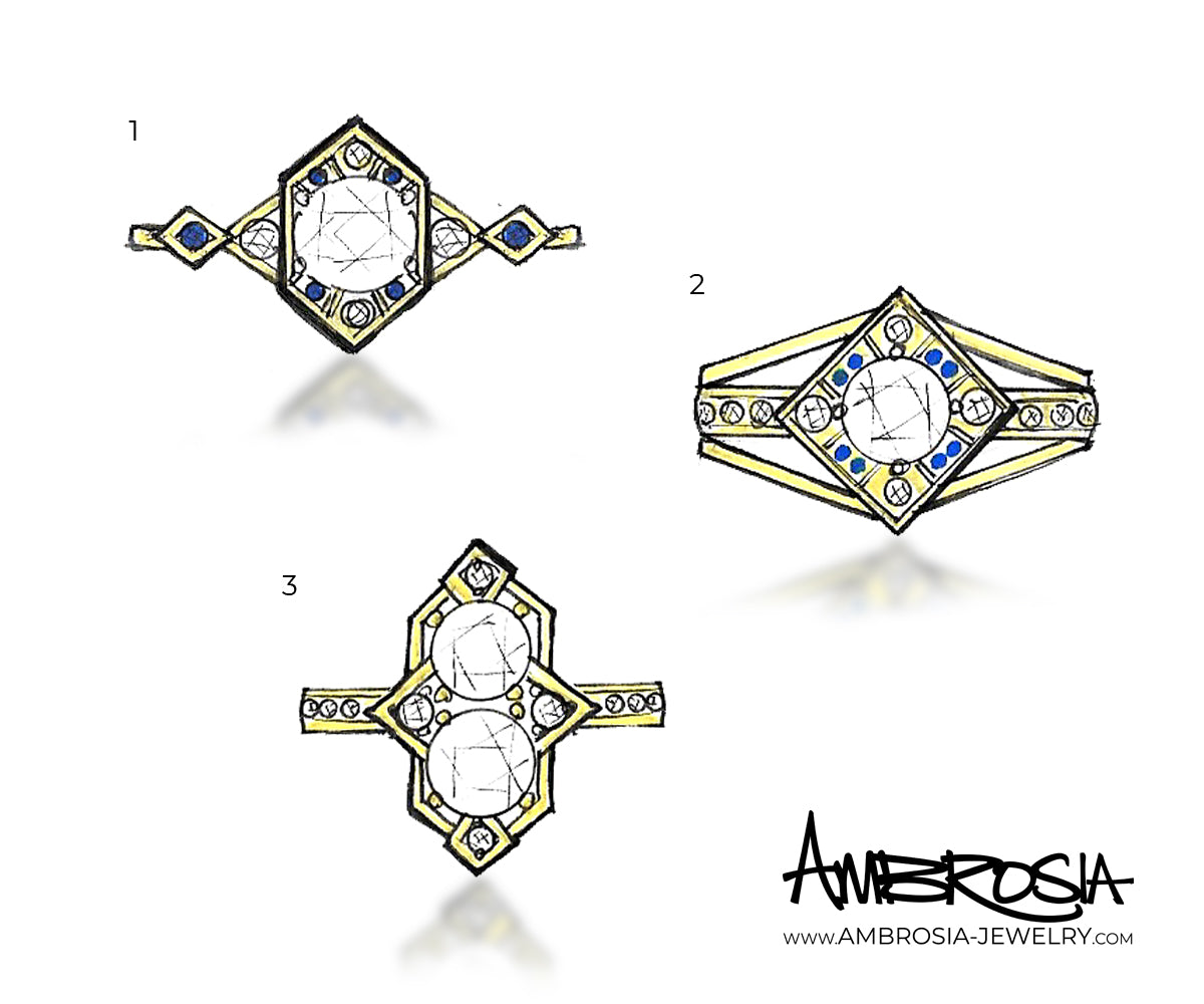 Custom Art Deco Diamond Sapphire Wedding Ring