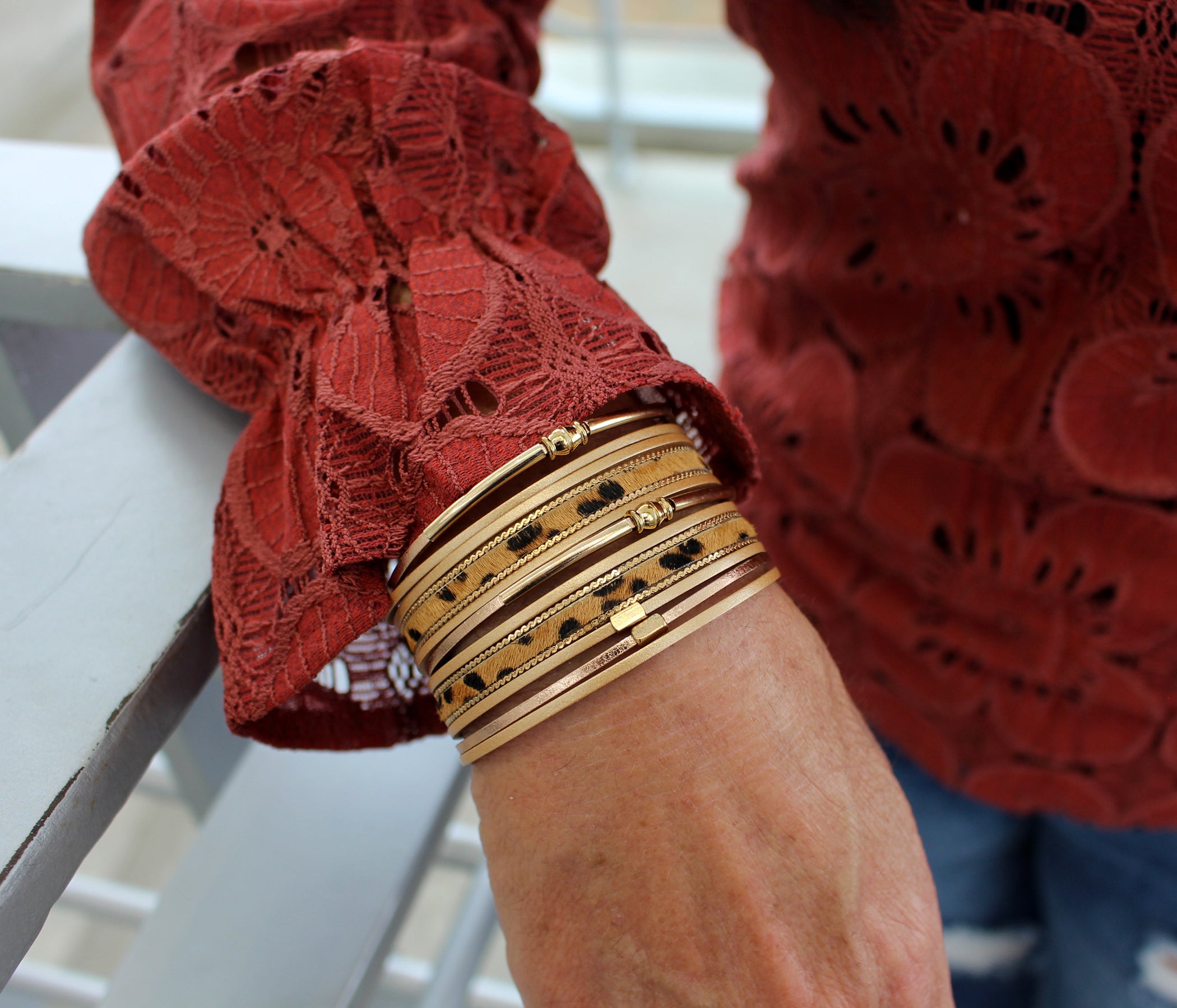 Elegant Animal Print Gold Tan Leather Bracelet