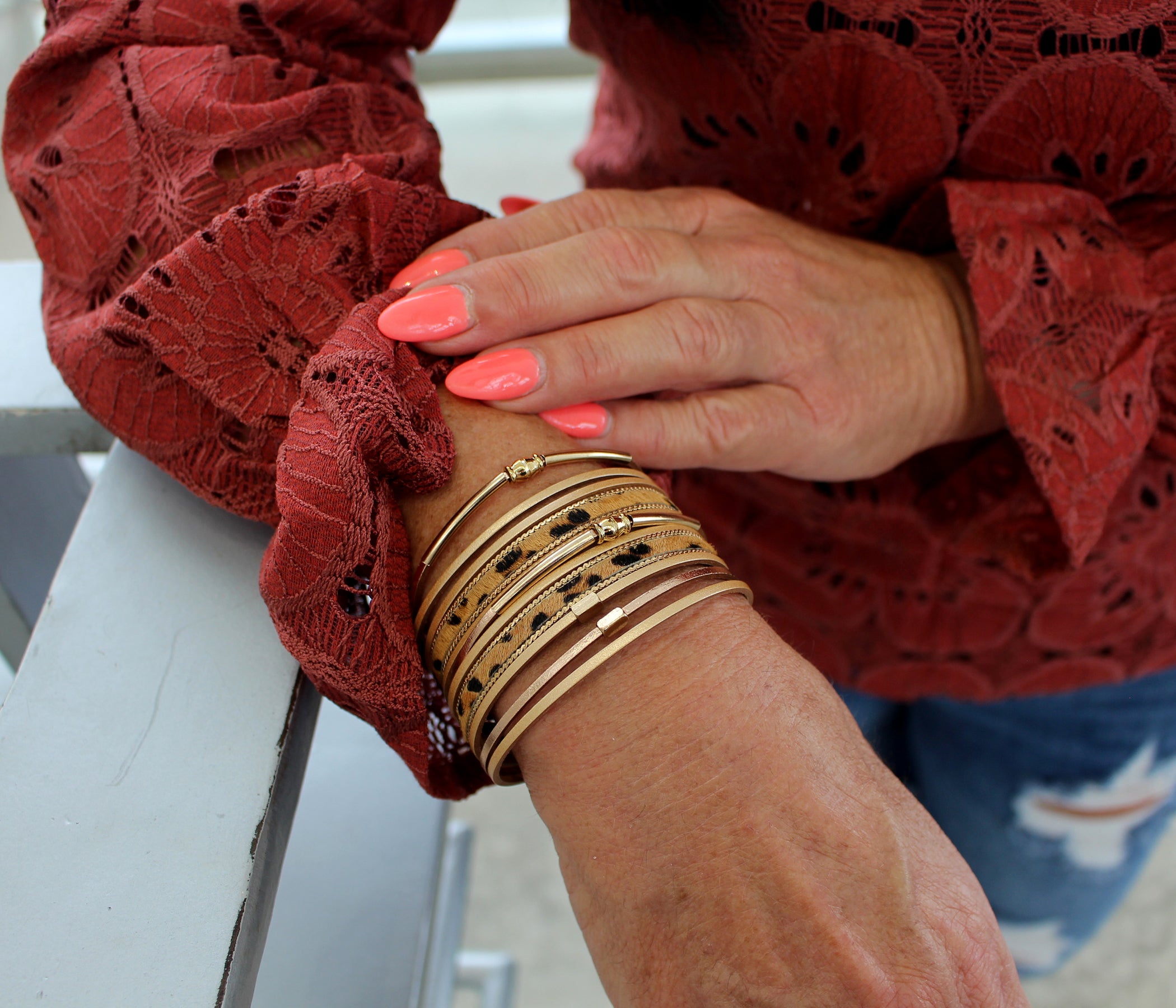 Elegant Animal Print Gold Tan Leather Bracelet