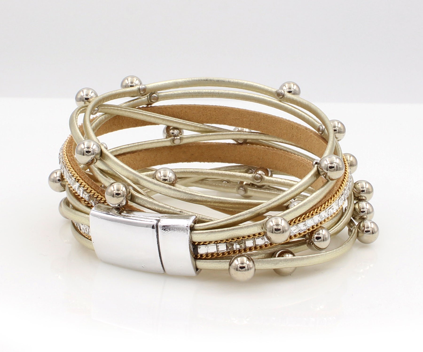 Beaded Light Gold Double Wrap Leather Bracelet