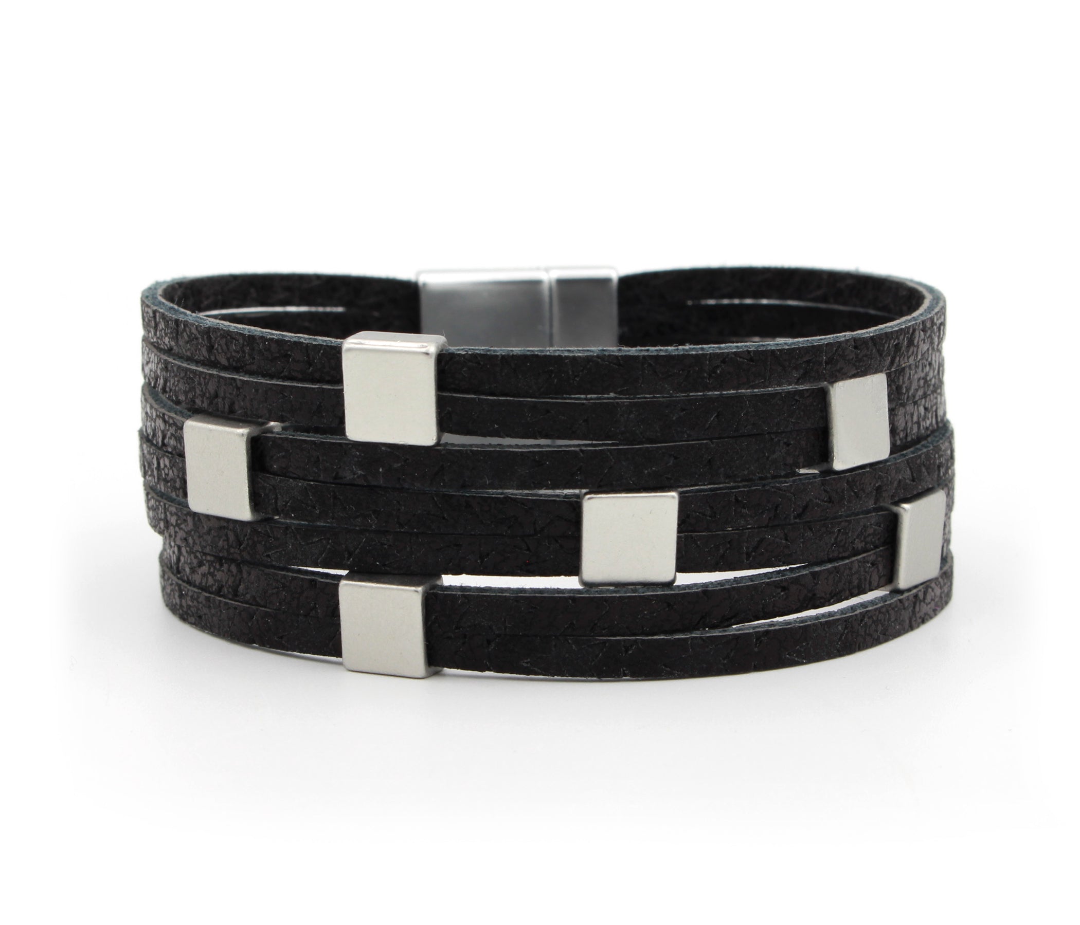 Multirow Cube Black Leather Bracelet