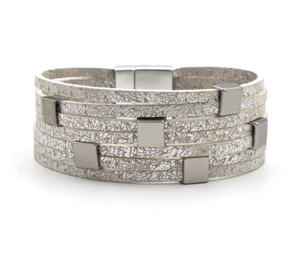 Multirow Cube Silver Leather Bracelet