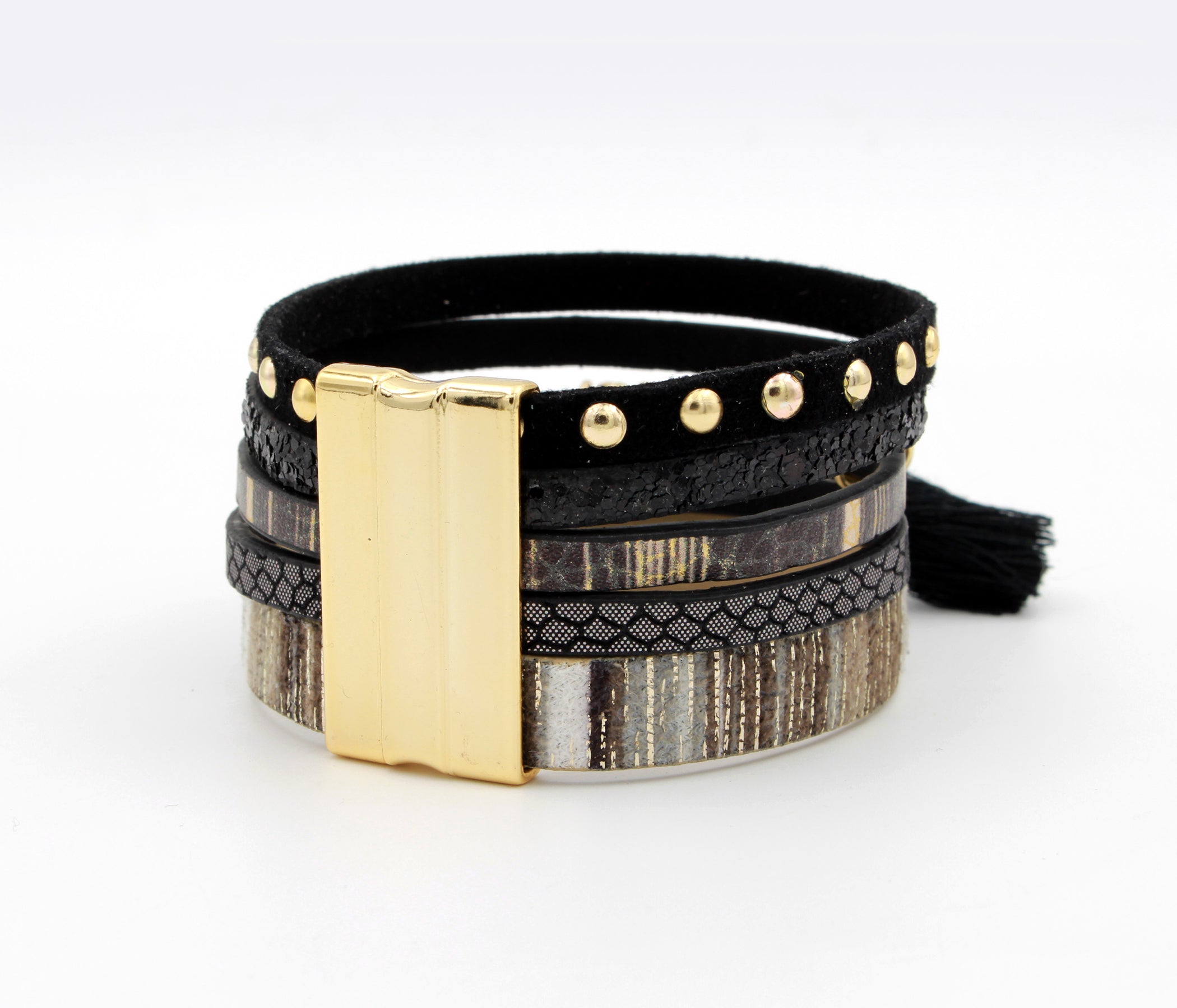 Elegante pulsera de cuero dorado y gris con estampado animal