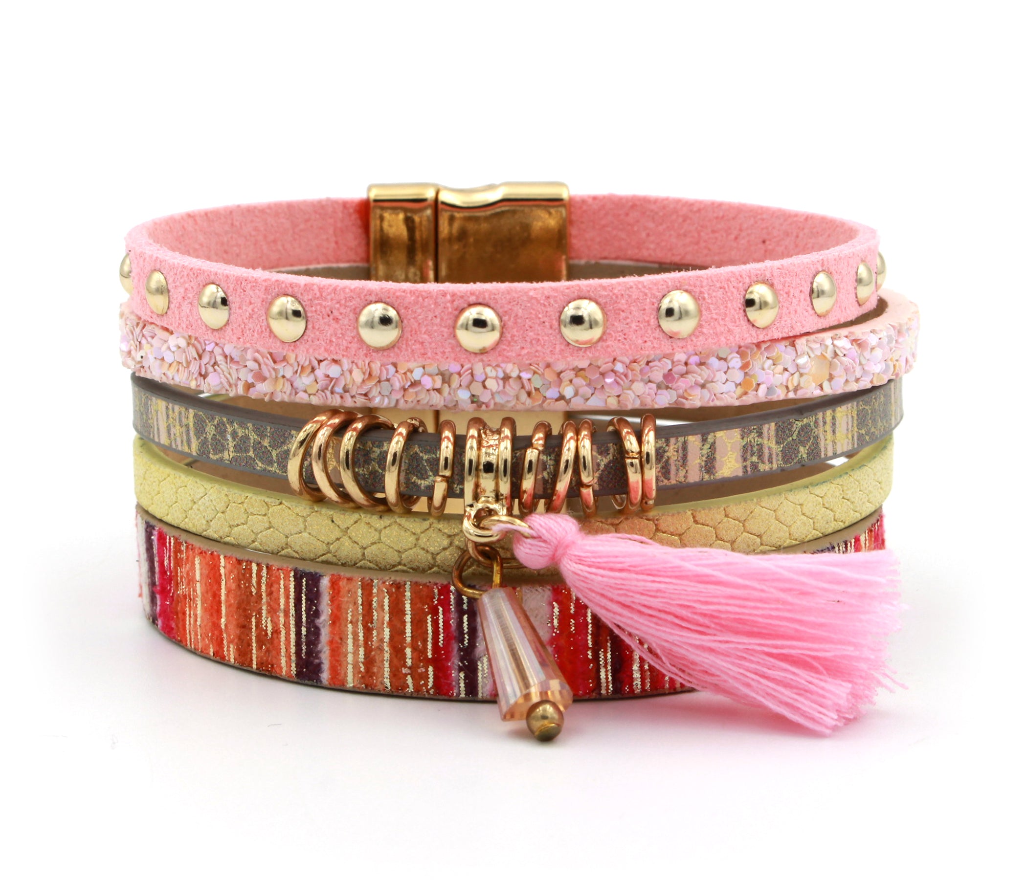 Elegante pulsera de cuero dorado y gris con estampado animal