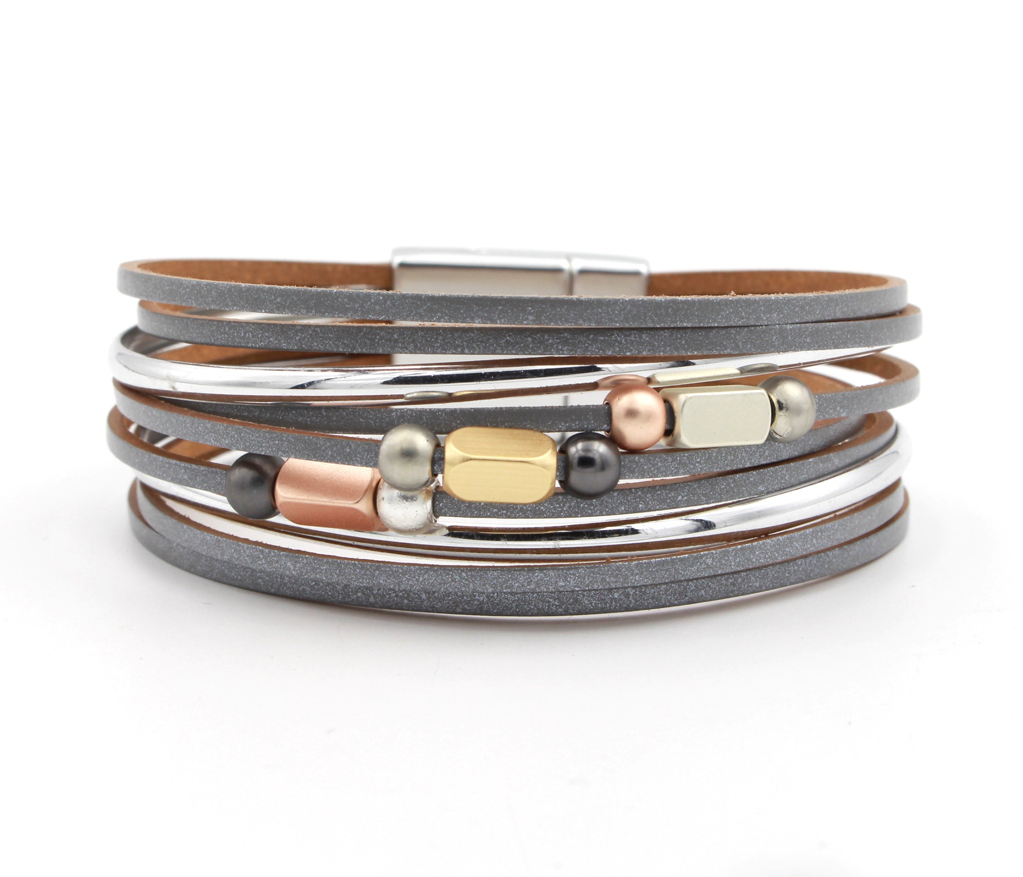 Multicolored Beaded Gray Leather Bracelet