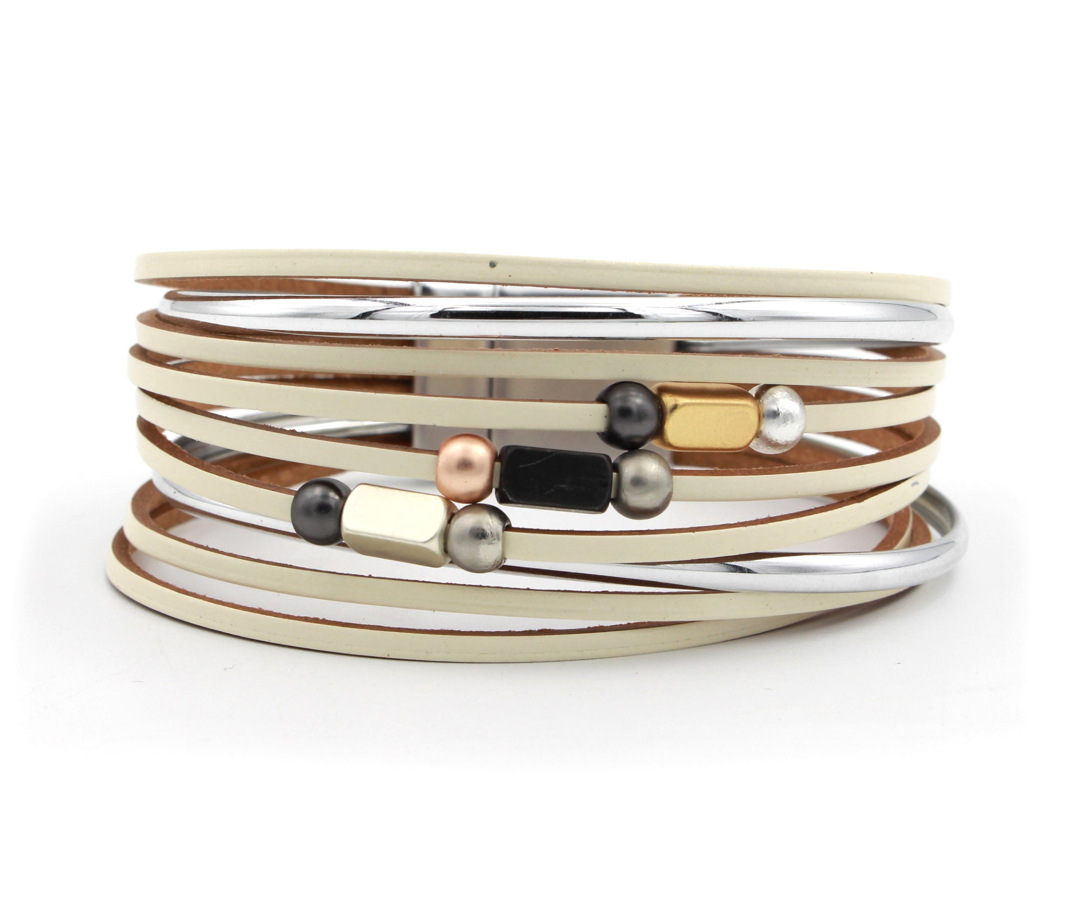 Multicolored Beaded Cream Leather Bracelet