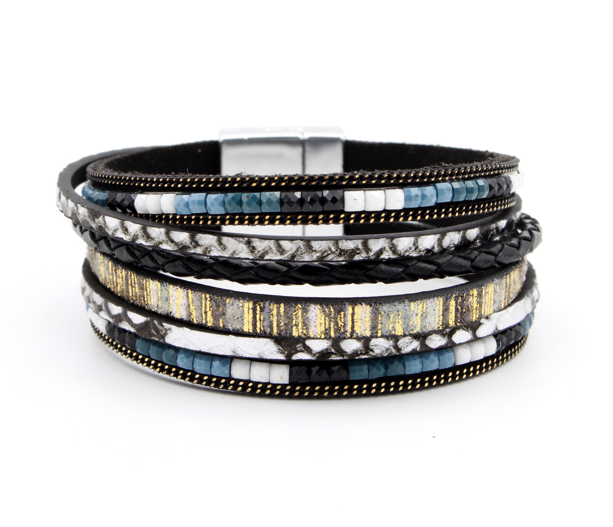 Boho Beaded Black Leather Bracelet
