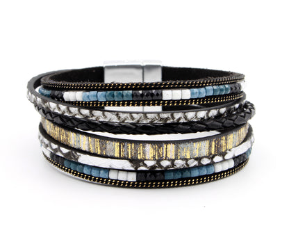 Boho Beaded Black Leather Bracelet
