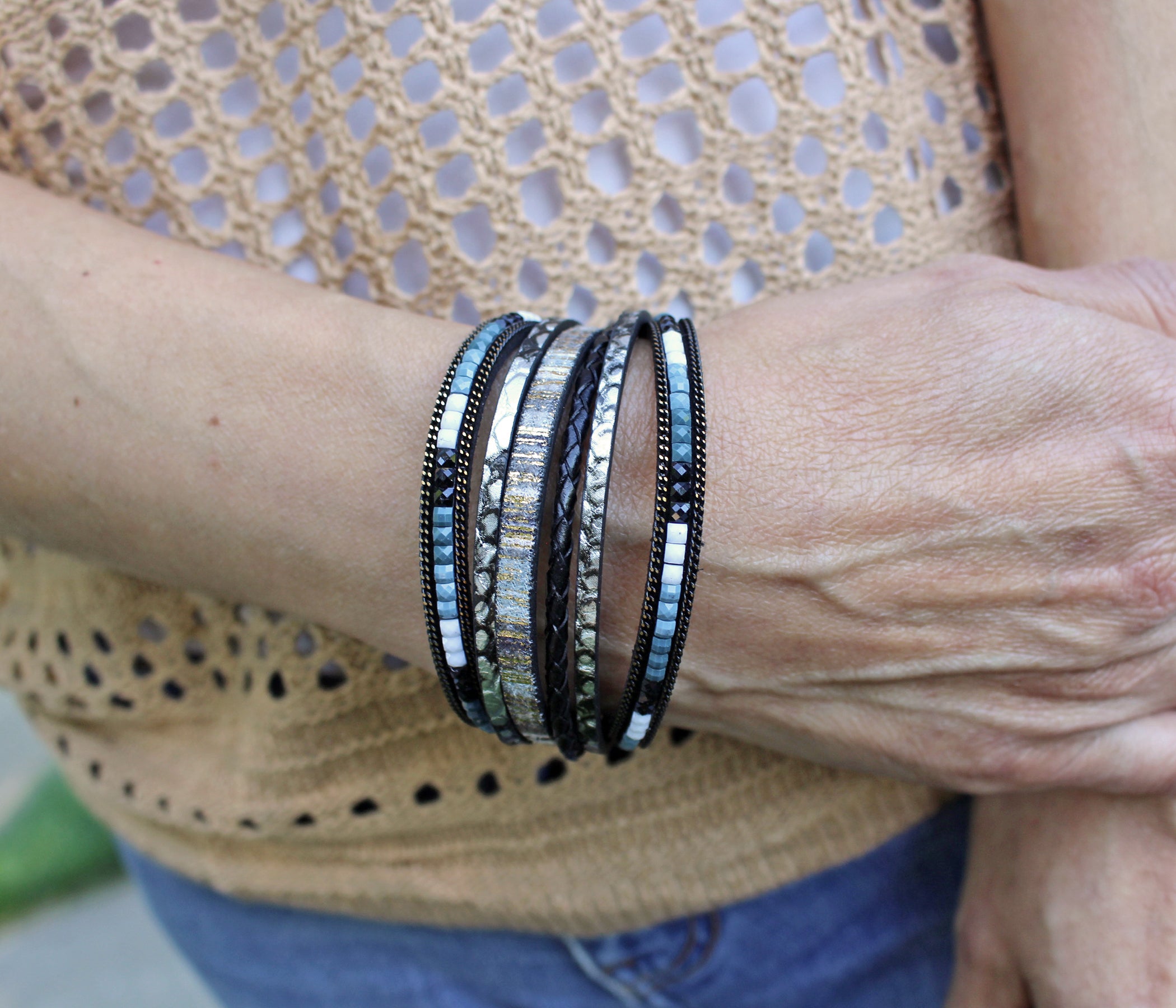 Boho Beaded Black Leather Bracelet