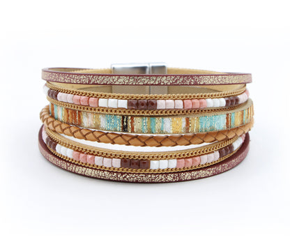 Boho Beaded Brown Leather Bracelet
