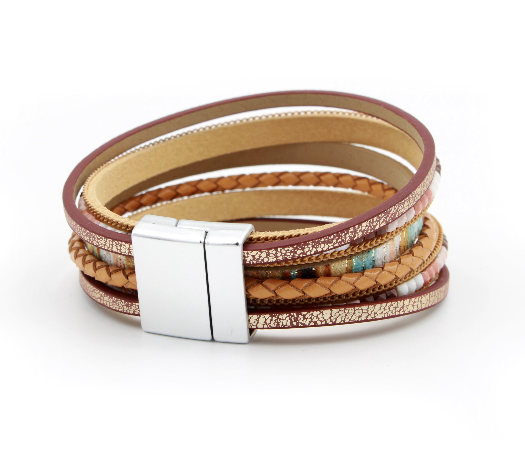 Boho Beaded Brown Leather Bracelet