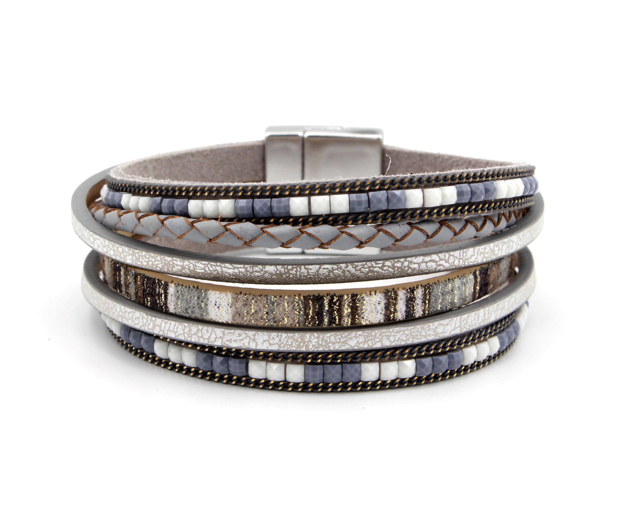Boho Beaded Gray Leather Bracelet