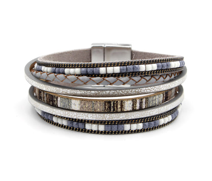 Boho Beaded Gray Leather Bracelet