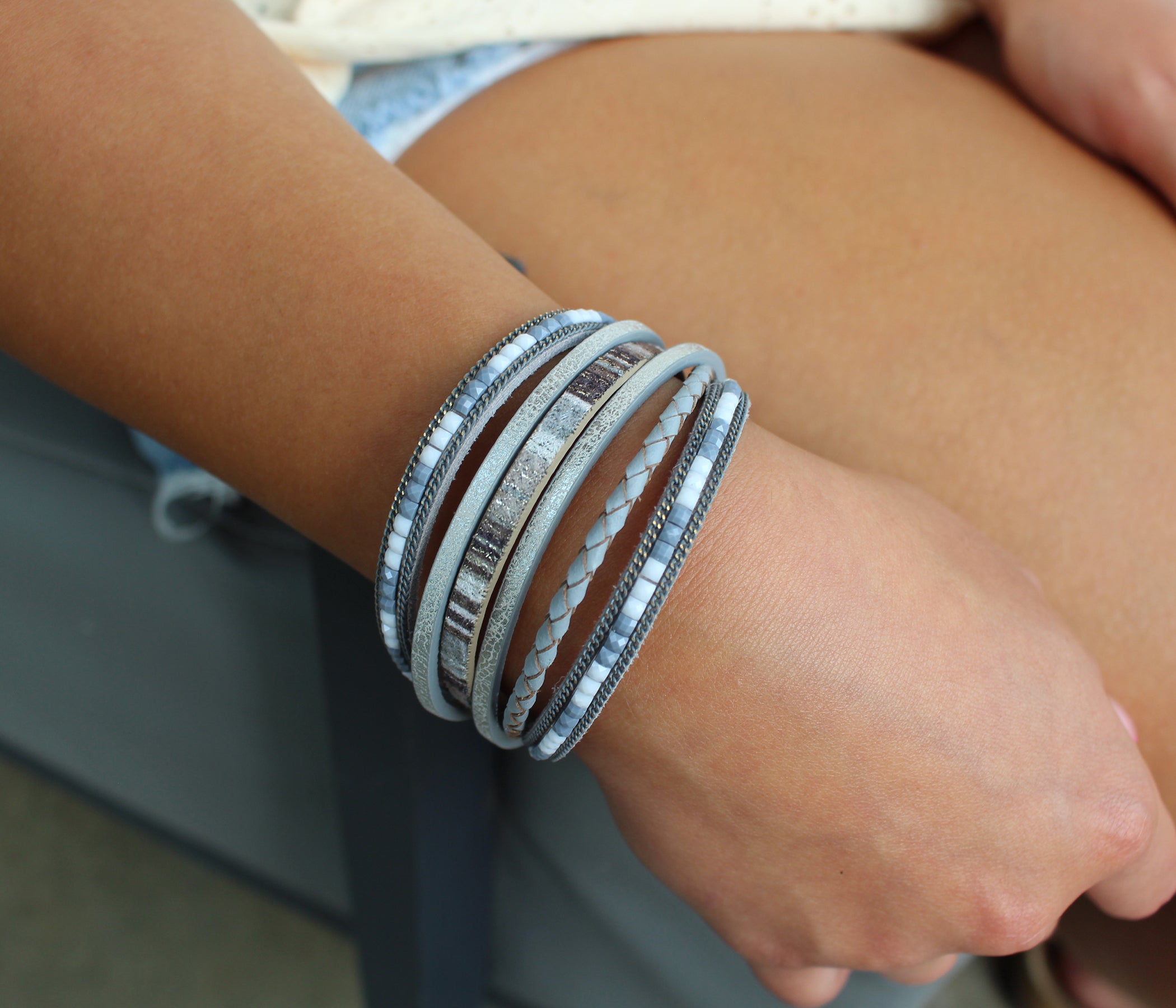 Boho Beaded Gray Leather Bracelet