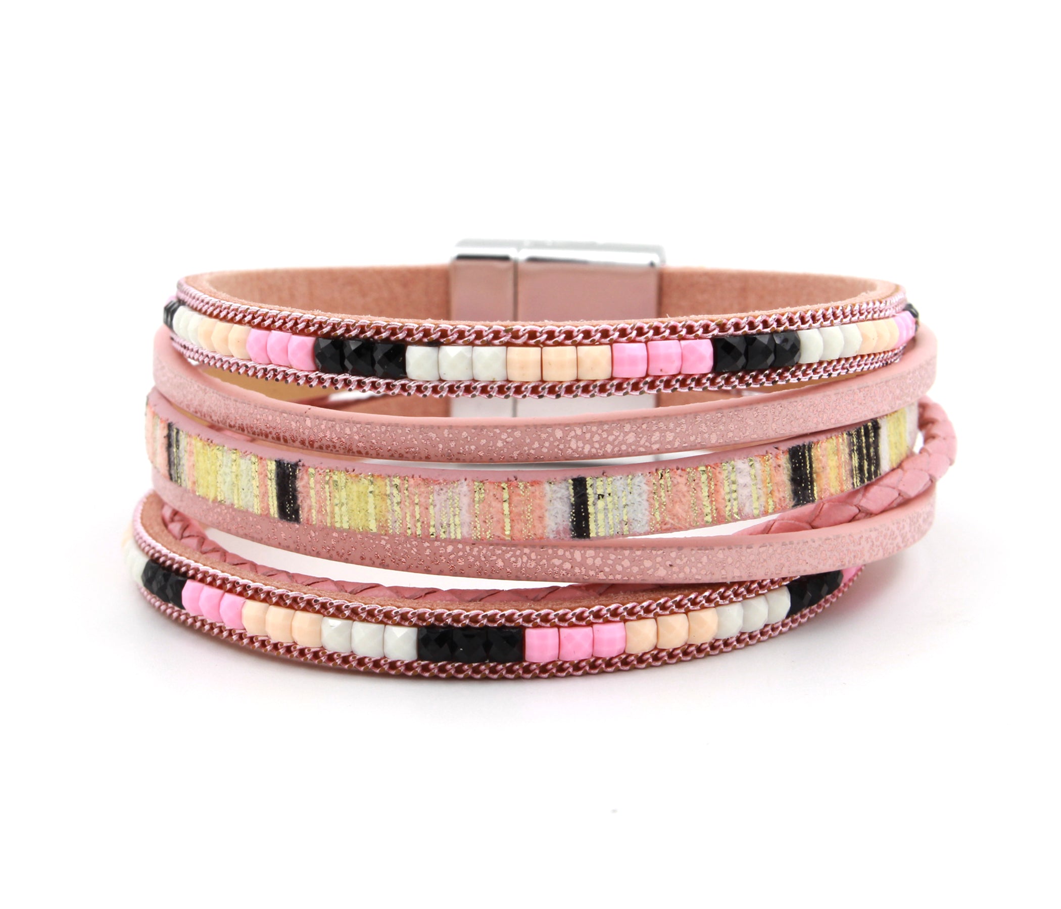 Boho Beaded Pink Leather Bracelet