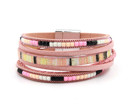 Boho Beaded Pink Leather Bracelet