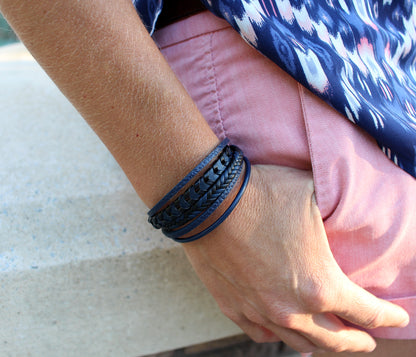 Layered Braided Navy Leather Bracelet
