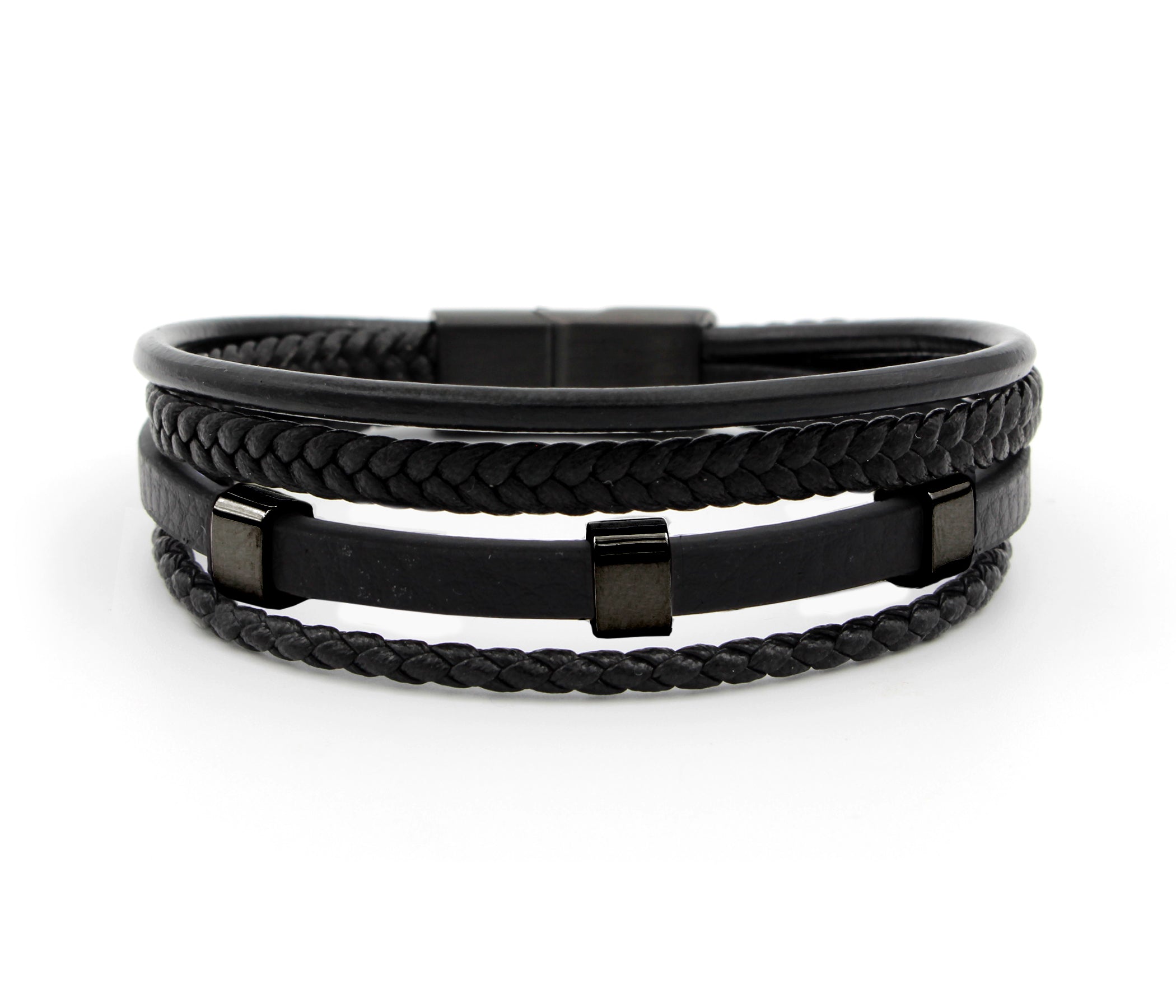 Multirow Braided Bar Black Leather Bracelet