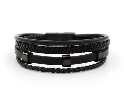 Multirow Braided Bar Black Leather Bracelet