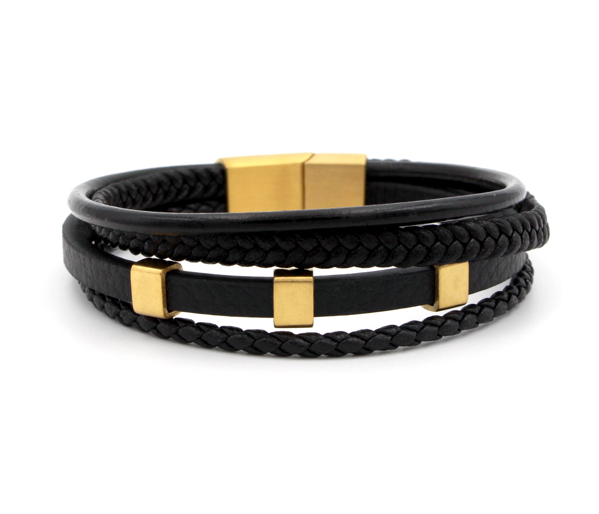 Multirow Braided Bar Gold Leather Bracelet