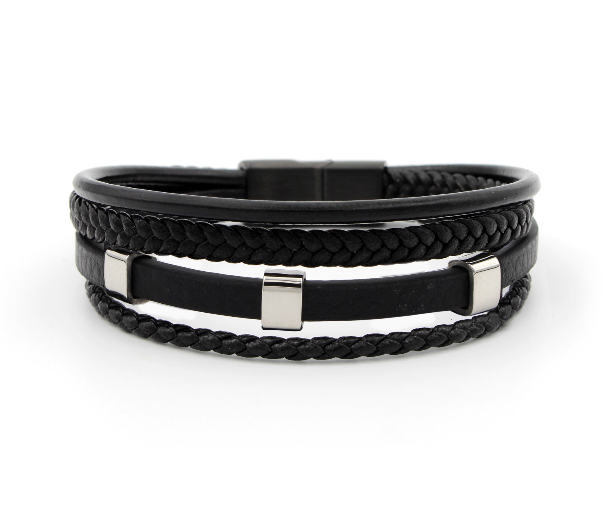 Multirow Braided Bar Silver Leather Bracelet