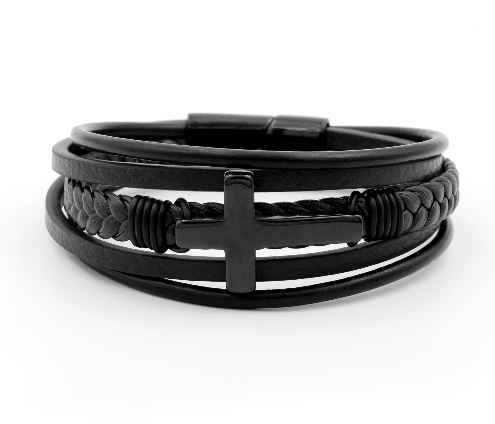 Cross Braided Black Leather Bracelet