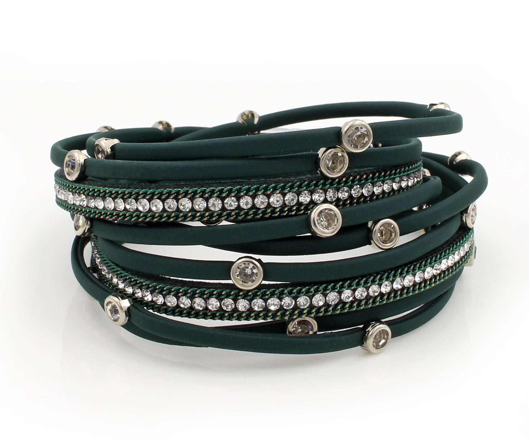 Matte Green Bezel Rhinestone Double Wrap Bracelet