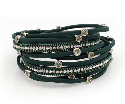 Matte Green Bezel Rhinestone Double Wrap Bracelet