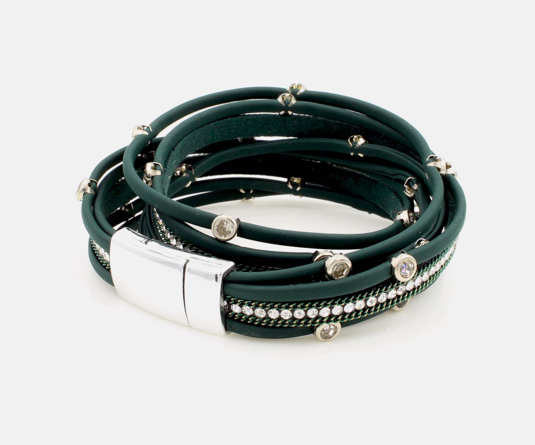 Matte Green Bezel Rhinestone Double Wrap Bracelet