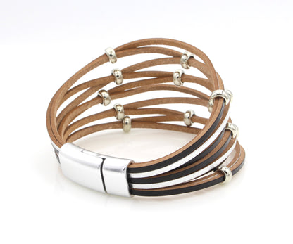 Pulsera de cuero con cuentas de plata negra tejida